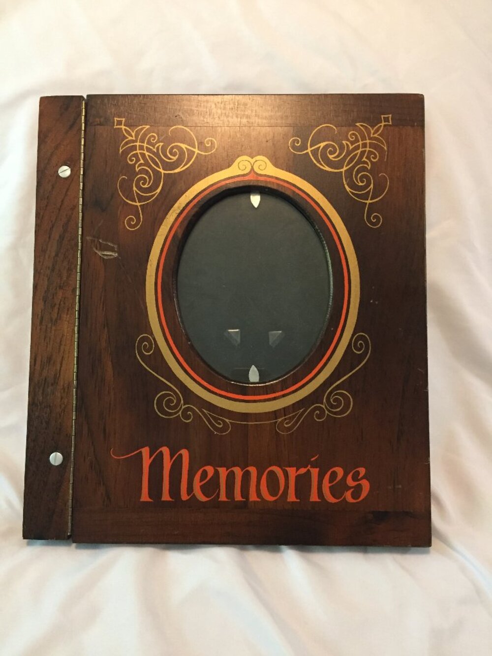 Vtg Wood Covered Photo Album Leather Ties Memories 14" 1983 Retro MCM Nostalgic